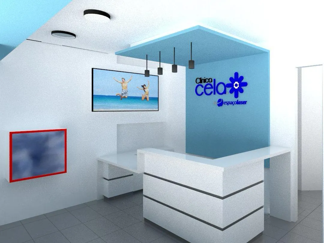 Render 3D de la recepción de Clínica Cela antes de construir, con mesón blanco e iluminación colgante